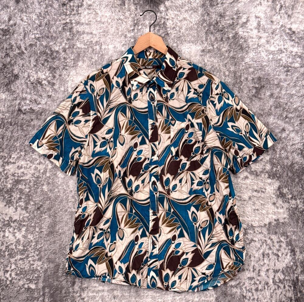 Mr Turk Shirt XL Mens Cotton Woven Abstract Floral Short Sleeve Button Down